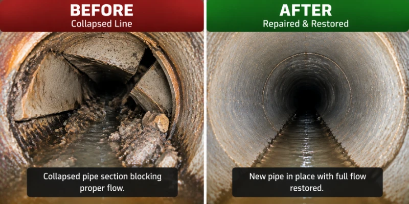 Before and after sewer camera inspection comparison showing a collapsed sewer line