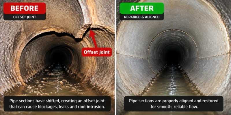 Before and after sewer camera inspection comparison showing an offset pipe joint