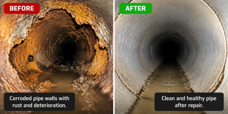 Before and after sewer camera inspection comparison showing pipe corrosion