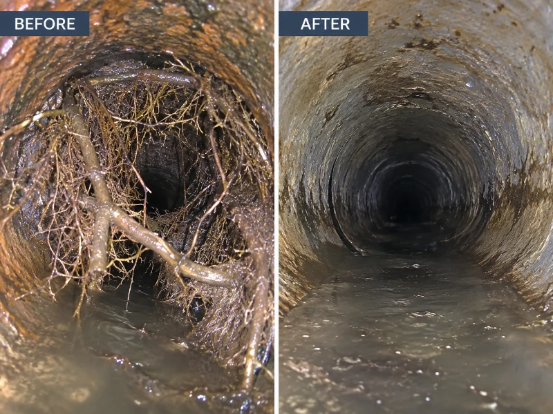 Before and after sewer camera inspection comparison showing root intrusion inside a sewer pipe